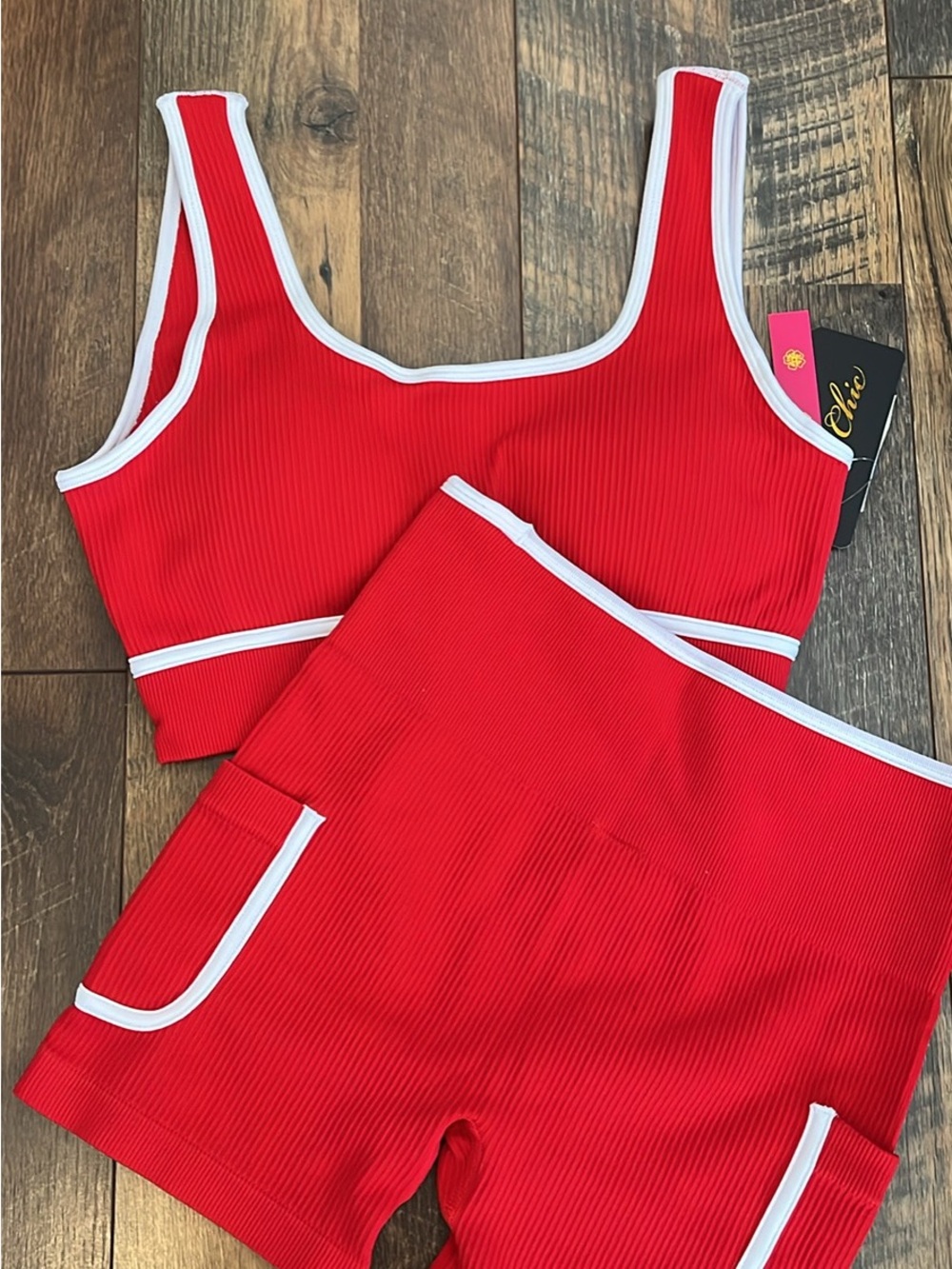chic Red Ribbed Sports Crop Top & High-Waist Shorts Set with White Trim